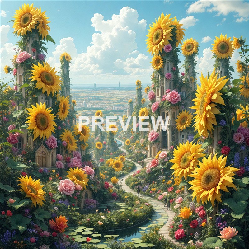 A fantastical landscape featuring tall, ornate buildings covered in vibrant sunflowers and pink roses, with a winding river and a distant city skyline under a bright blue sky filled with fluffy clouds.
